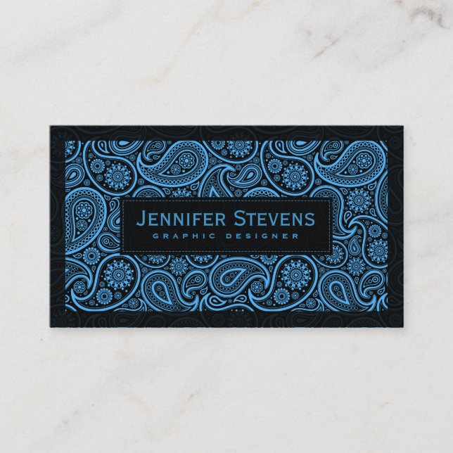 Svart och blå Vintage Paisley Visitkort (Framsida)