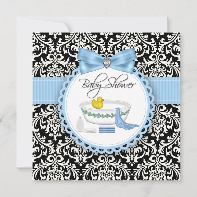 Svart och Blått Damask Bad Tid Baby Shower Inbjudningar (Framsida)