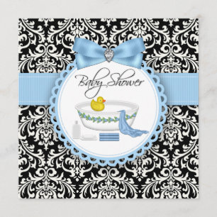 Svart och Blått Damast Bad Tid Baby Shower Inbjudningar