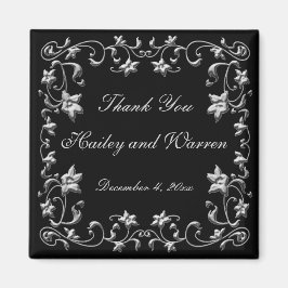 Svart och blygrå blomsterbröllopspresent Magnet