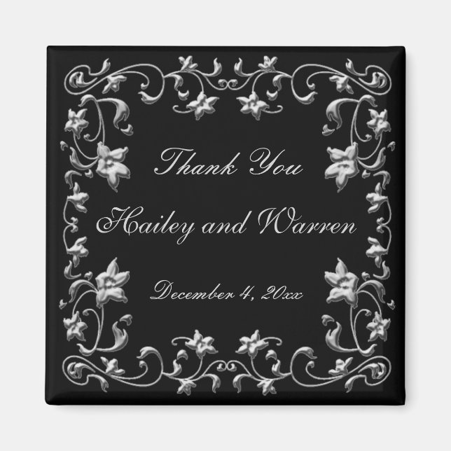 Svart och blygrå blomsterbröllopspresent Magnet (Framsidan)