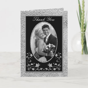 Svart och blygrått blommigt tackkort med foto