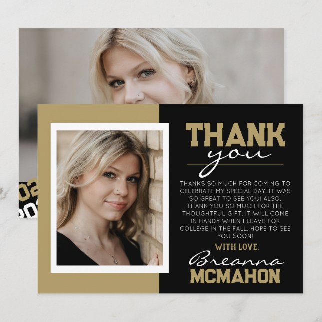 Svart och Bronze Studenten 2-fototackkort Inbjudningar (Fram/baksida)