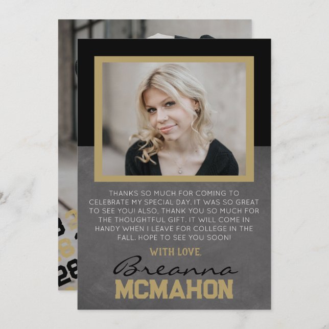 Svart och Bronze Studenten 2-fototackkort Inbjudningar (Fram/baksida)