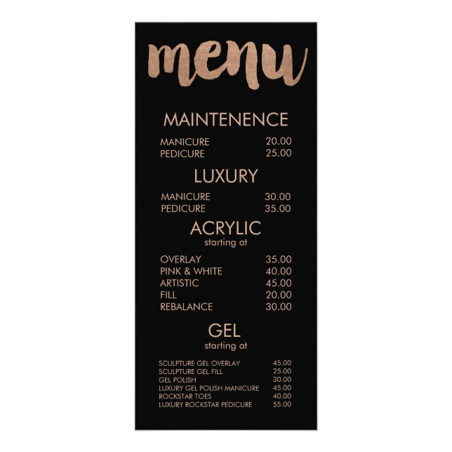 Svart och Bronze Typography Salon Menu-kort Reklamkort (Framsidan)