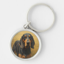 Svart och brun Coonhound Rund Silverfärgad Nyckelring