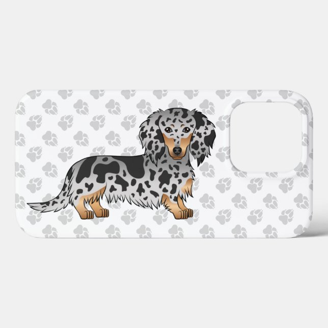 Svart och brun fläckig långhårig Dachshund hund (Baksida (horisontell))