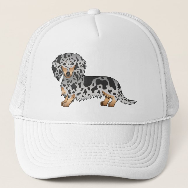 Svart och brun fläckig långhårig Dachshund hund Keps (Framsida)
