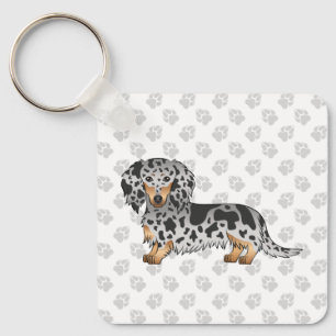 Svart och brun fläckig långhårig Dachshund hund Nyckelring