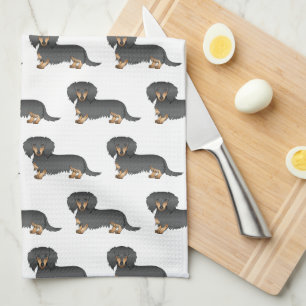 Svart och brun långhårig Dachshund Söt hundmönster Kökshandduk