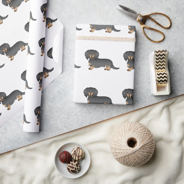 Svart och brun långhårig Dachshund Söt hundmönster Presentpapper (Hantverk)