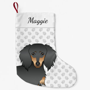 Svart och brun långhårig Dachshund Tecknad hundhuv Liten Julstrumpa