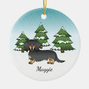 Svart och brun långhårig Dachshund - Vinter skog Julgransprydnad Keramik