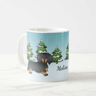 Svart och brun långhårig Dachshund - Vinter skog Kaffemugg