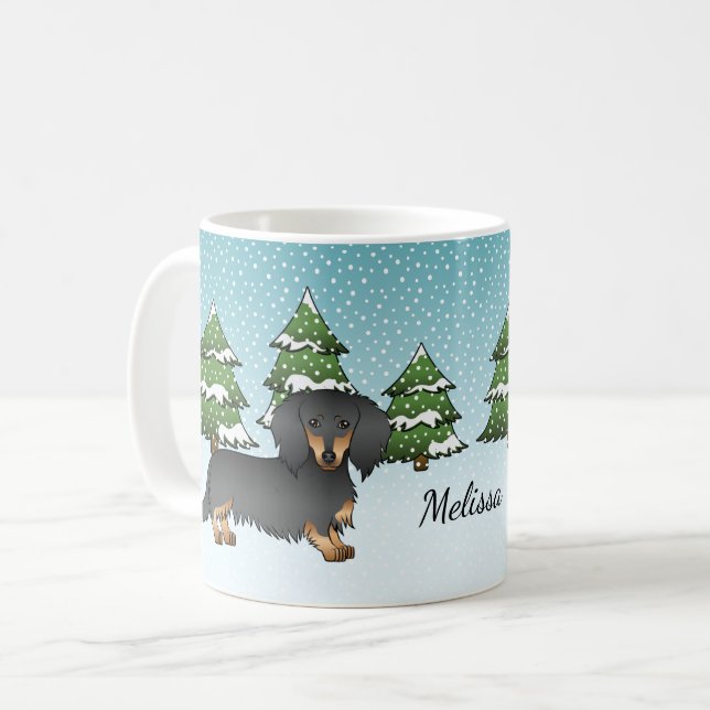 Svart och brun långhårig Dachshund - Vinter skog Kaffemugg (Framsida vänster)