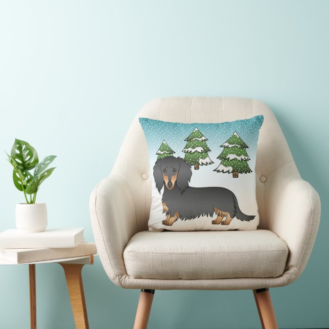 Svart och brun långhårig Dachshund - Vinter skog Kudde (Stol)