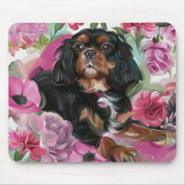 Svart och brunt Cavalier Blommigt Hund Art Mus-pla Musmatta
