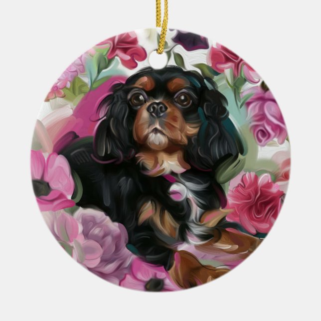 Svart och brunt Cavalier jul Ornament blommigt (Framsidan)