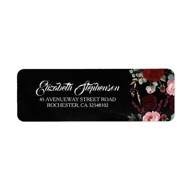 Svart och Burgundy Red Blommigt Modern Chic Returadress Etikett (Framsidan)