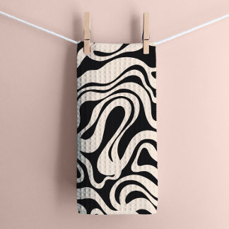 Svart och Cream 1970-talets Retro Modern Swirl Kökshandduk