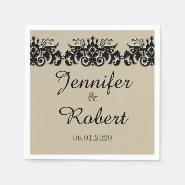 Svart och Cream-Blommigten Embossed Bröllop Napkin Pappersservett (Framsidan)