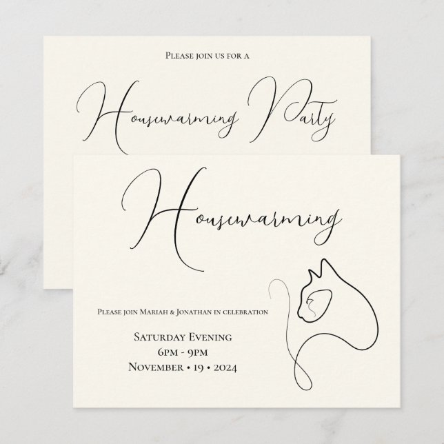 Svart och Cream - minimalistisk katt över hemmet Inbjudningar (Fram/baksida)