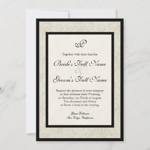 Svart och Crème Fleur de Lis Damask Bröllop Inbjudningar