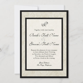 Svart och Crème Fleur de Lis Damask Bröllop Inbjudningar