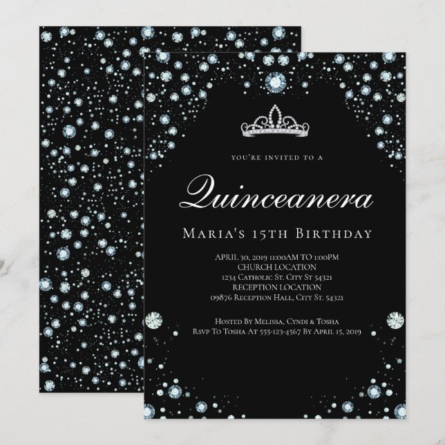 Svart och Diamond Quinceanera-inbjudningar Inbjudningar (Fram/baksida)