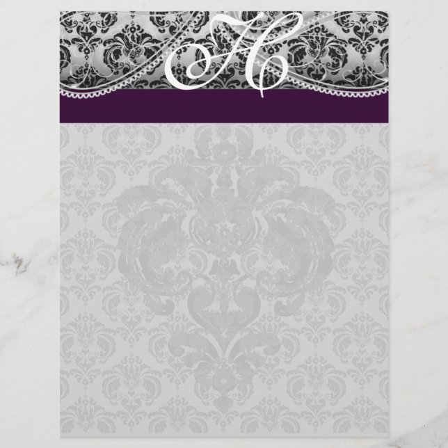 Svart och Eggplant Monogram Black Damask (Framsida)