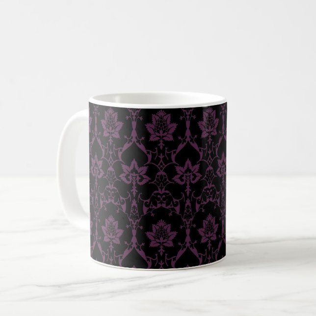 Svart och Eggplant Renaissance Damask Kaffemugg (Framsida vänster)