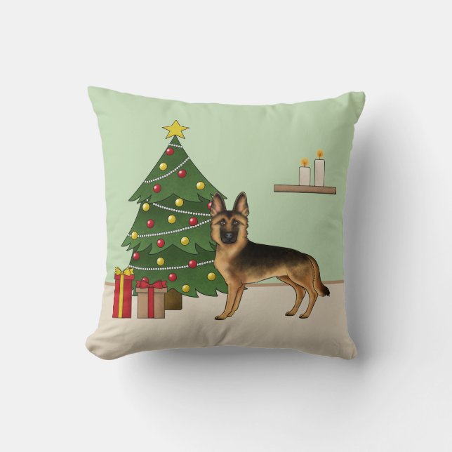 Svart och en tysk shepherd och Julgran Kudde (Framsida)