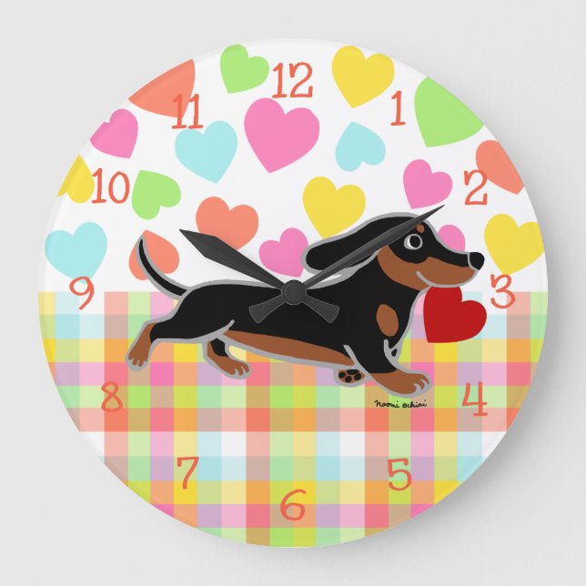 Svart och ett utjämnat Dachshund Running Heart Stor Klocka (Framsida)