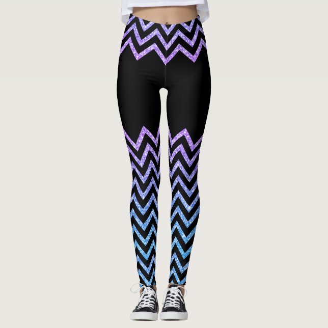 Svart och färgstark Chevron Glitter Struktur Leggings (Framsida)