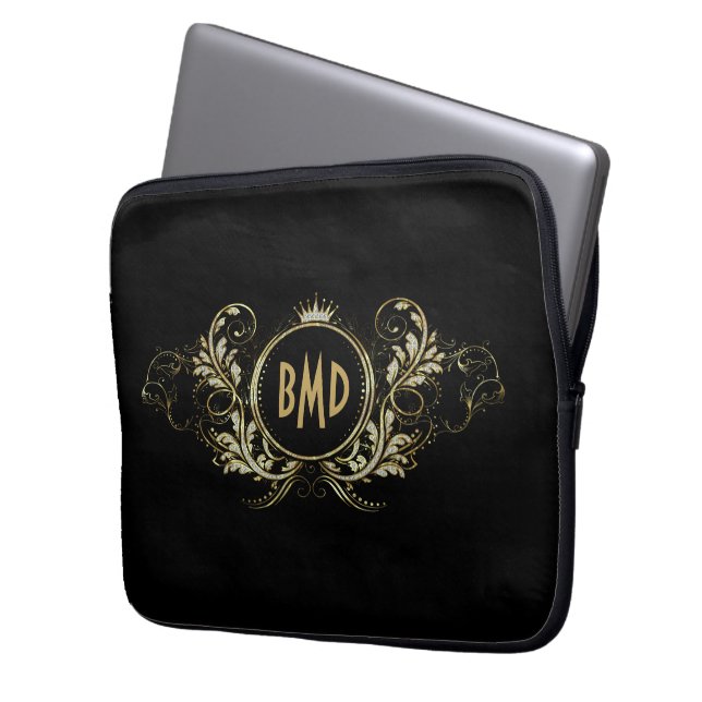 Svart och faux Glitter Girly Blommigt Ram Laptop Fodral (Framsidan Vänster)