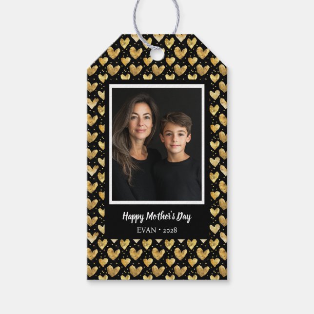 Svart och Faux Golden Foil Hearts Mors dag Presentetikett (Framsidan)