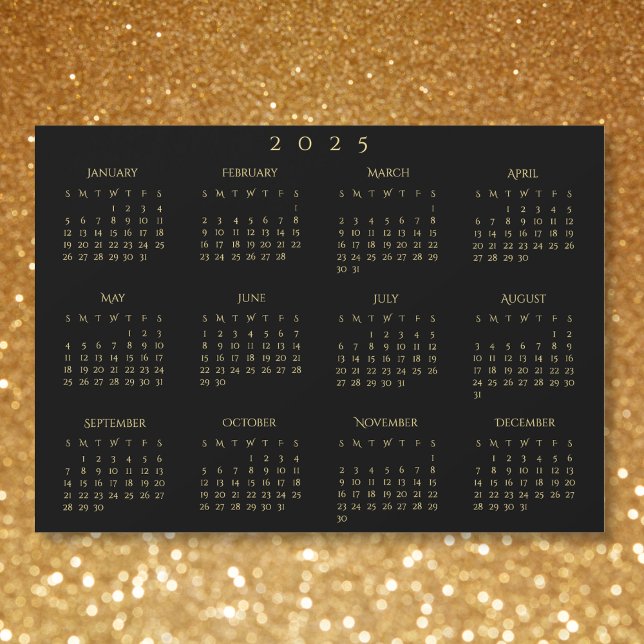 Svart och faux Guld 2025 Magnetic Calendar Card (Black and Faux Gold 2025 Magnetic Calendar Card)