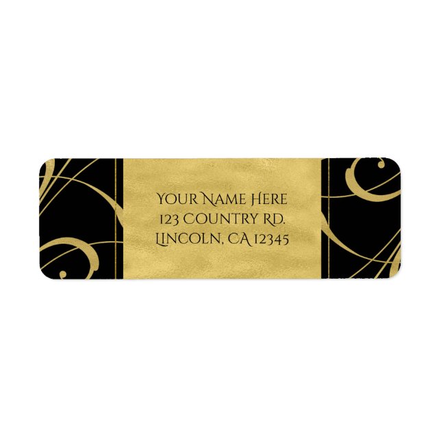 Svart och Faux Guld Blommigt Swirl Elegant bröllop Returadress Etikett (Framsidan)