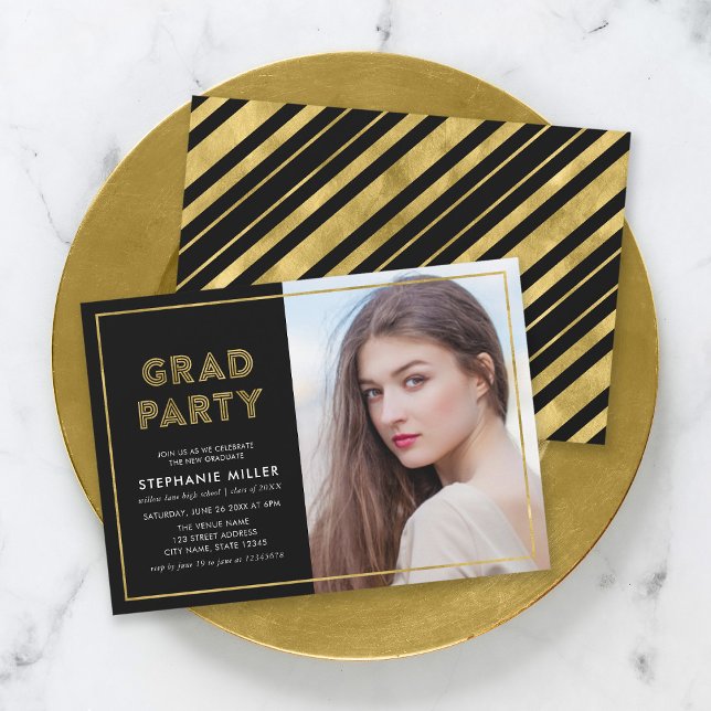 Svart och faux Guld Geometric Photo Grad Party Inbjudningar (Skapare uppladdad)