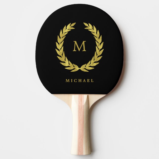 Svart och faux Guld Laurel-andedräkt med Monogram Pingisracket (Framsidan)