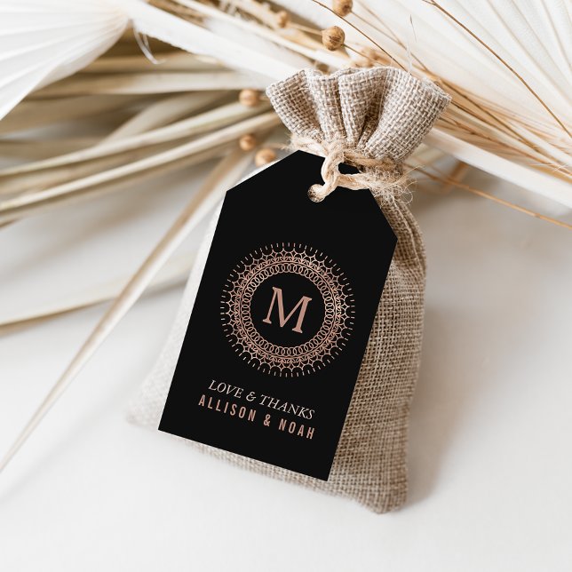 Svart och faux Ro Guld Deco Monogram Wedding Favor Presentetikett (Skapare uppladdad)