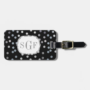 Svart och Faux Silver Glitter City Dots Monogram Bagagebricka