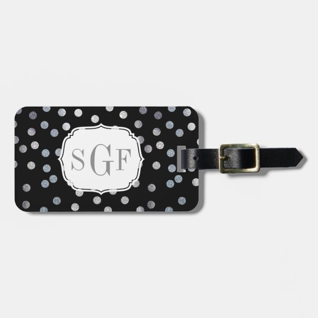 Svart och Faux Silver Glitter City Dots Monogram Bagagebricka (Horisontell Framsida)