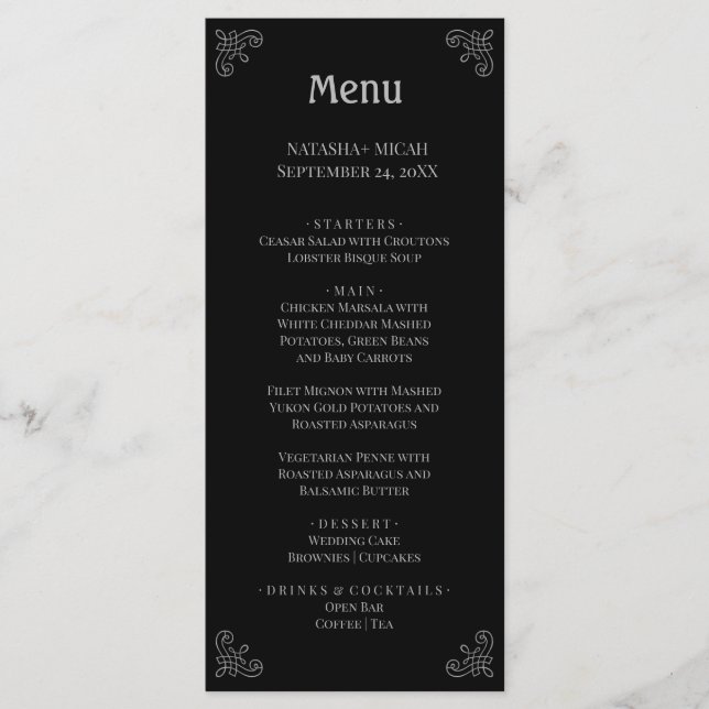 Svart och Faux Silver Simple Elegant Menu Meny (Framsida)