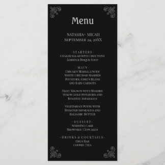 Svart och Faux Silver Simple Elegant Menu Meny