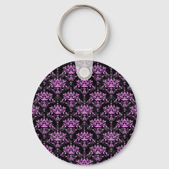 Svart och fuksia blomsterdamastmönster nyckelring (Framsida)