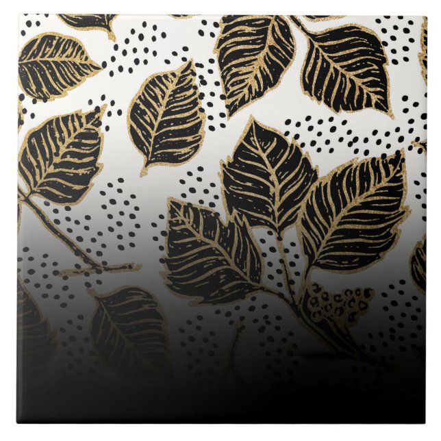 Svart och Golden Blommigt Kakelplatta (Framsidan)