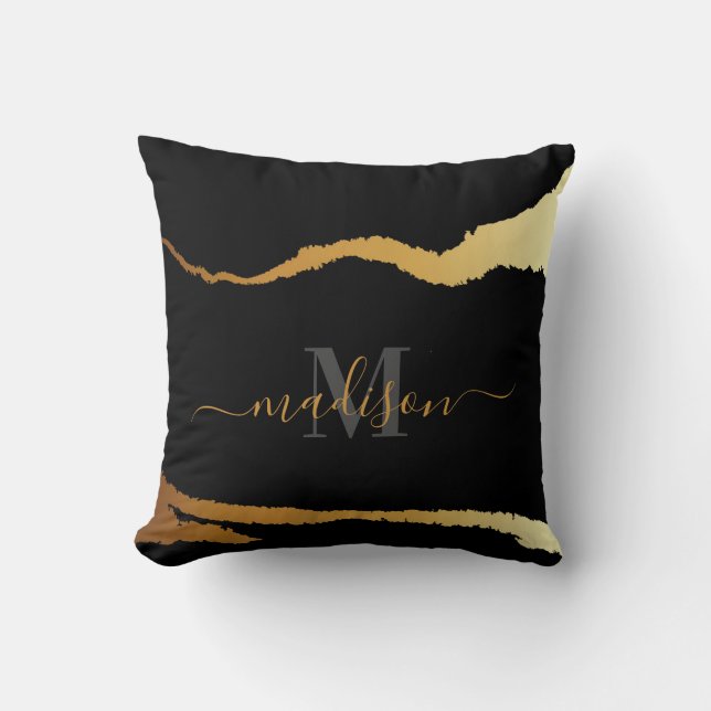 Svart och Golden Foil Monogram Kudde (Framsida)