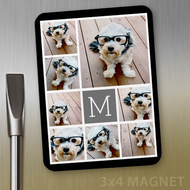Svart och grå 8-fotokollage - med monogram magnet (Personalized fridge magnet - add photos and custom text)