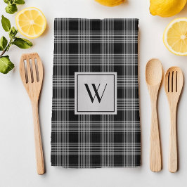 Svart och grå rutig plaggmönster med monogram kökshandduk
